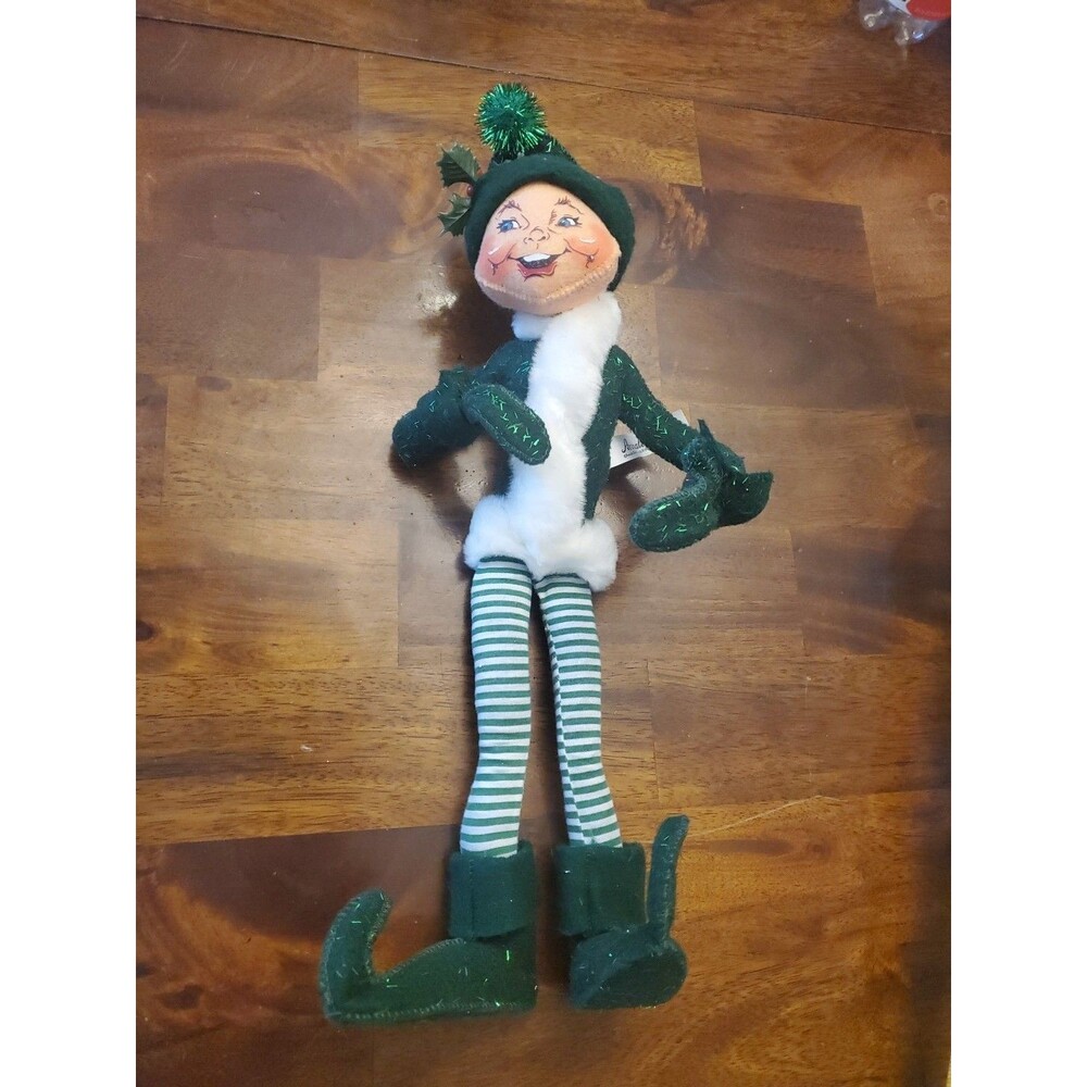 Vtg Annalee Doll Mobilitie Green Elf Striped Pants Glitter Hat 2004 EUC